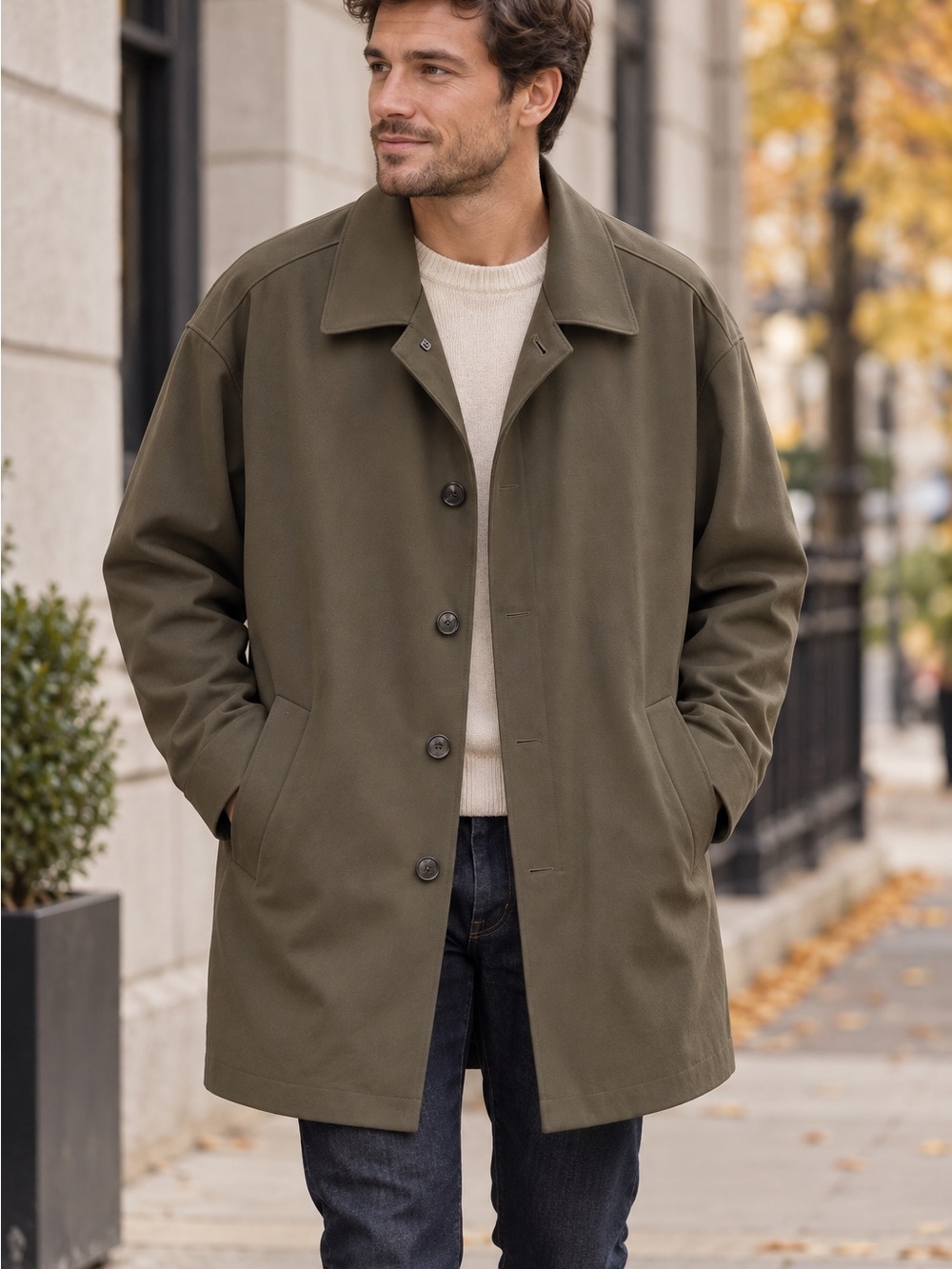 Men's Olive Green Single-Breasted Coat